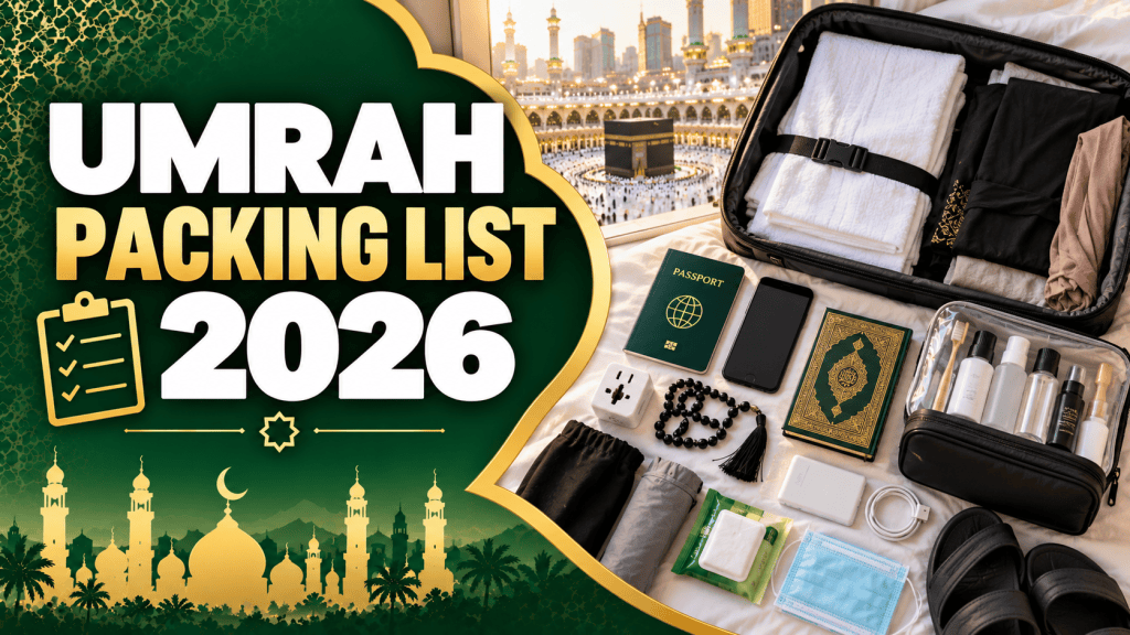 Umrah packing list essentials laid out flat